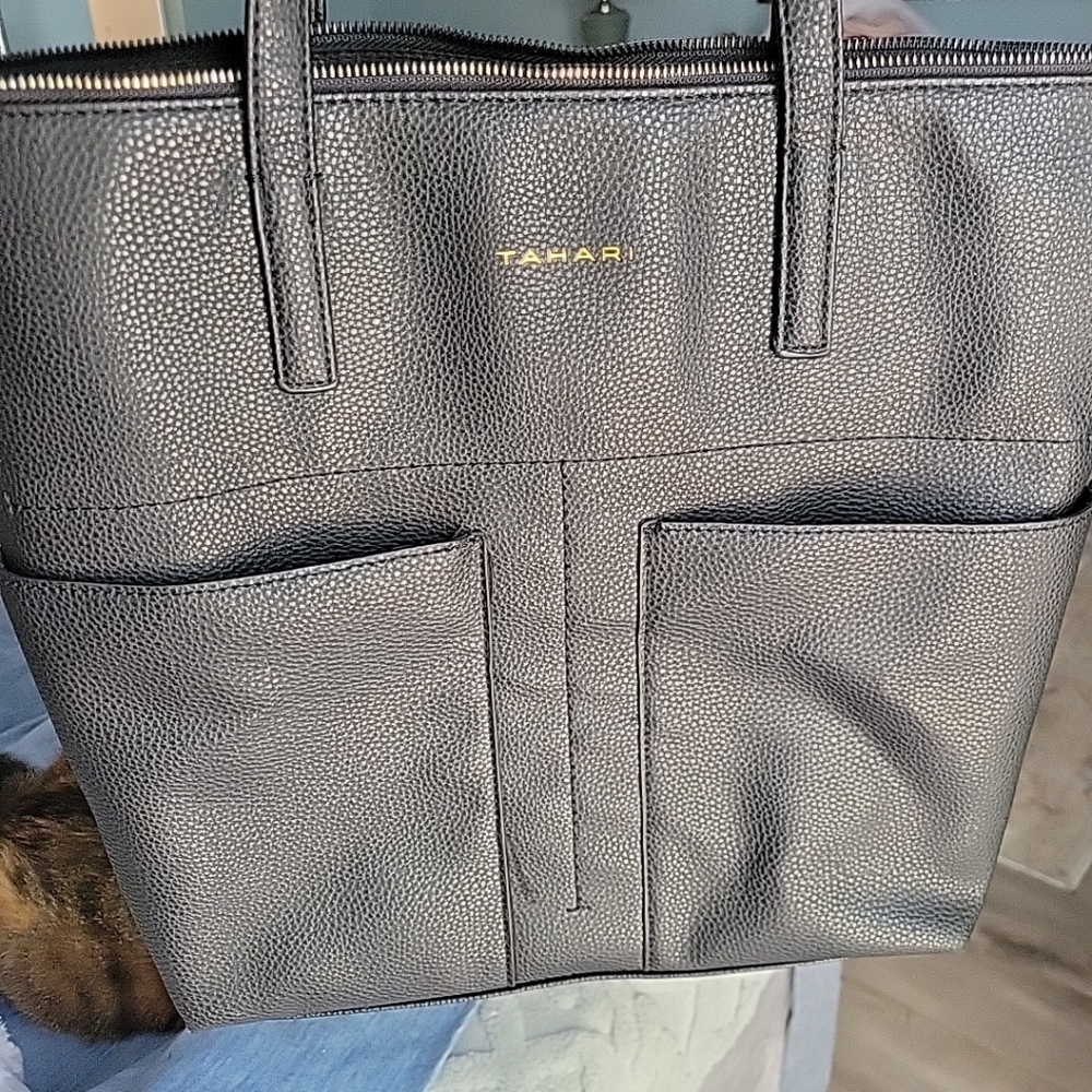 Tahari Faux Leather Black Zip Top Tote Bag Top Handles